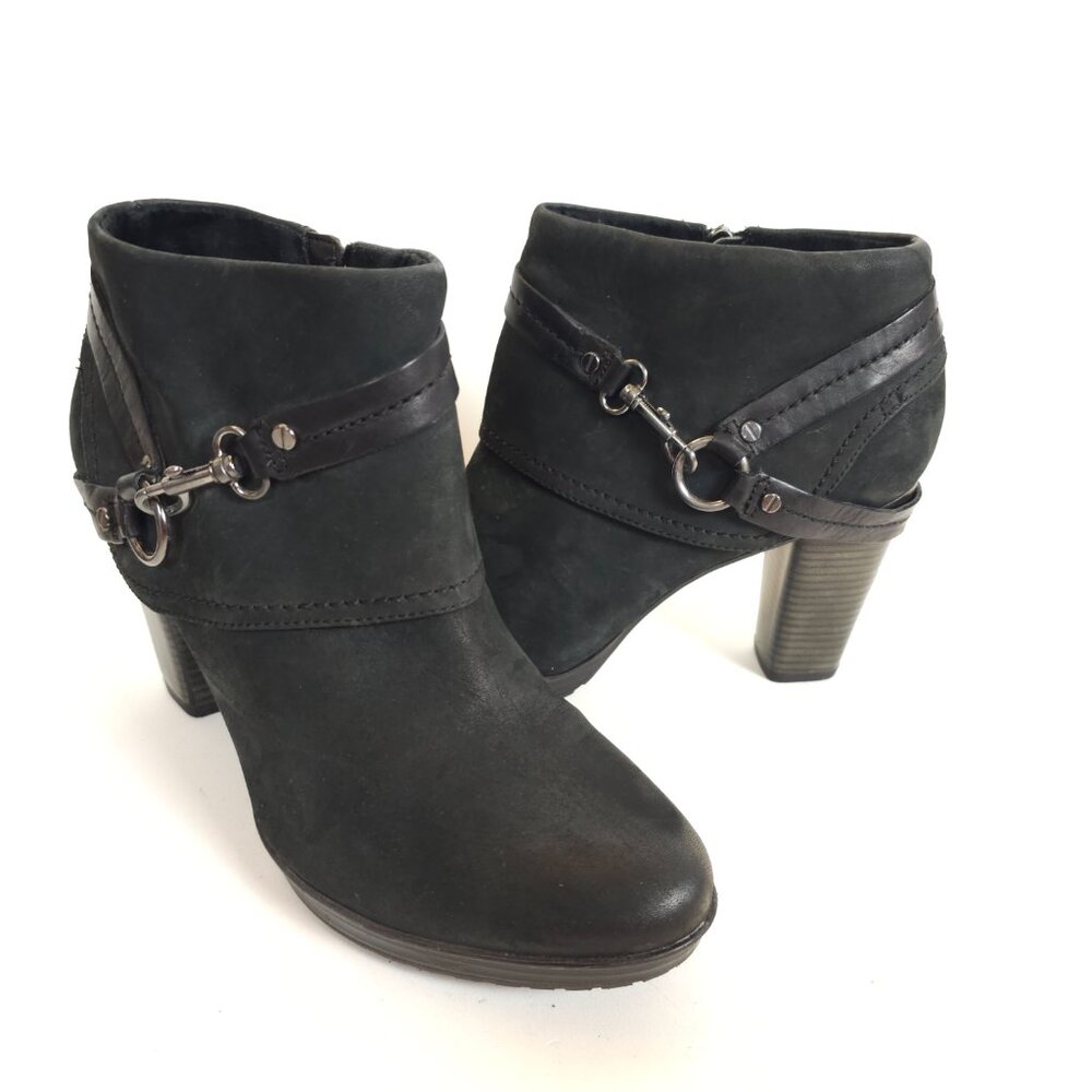 Clarks Indigo Lida Piper Black Leather Suede Ankle Boots Zip Buckle Heel Size 10
